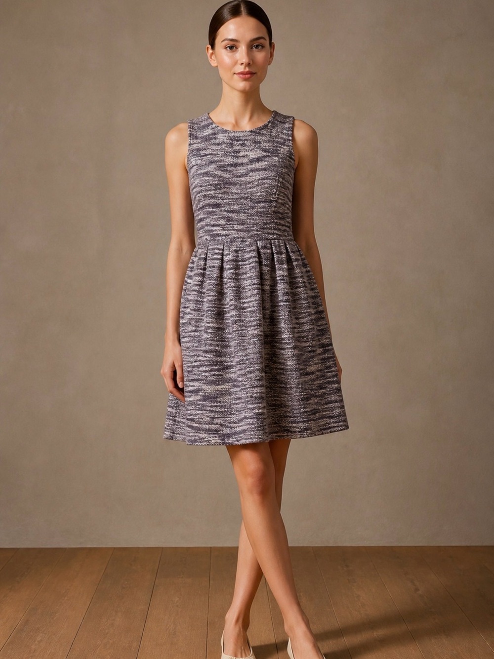 LOFT Navy and White Textured Fit & Flare Knit Dress. Sz 6